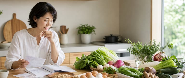 食材の背景を確かめながら選ぶ女性